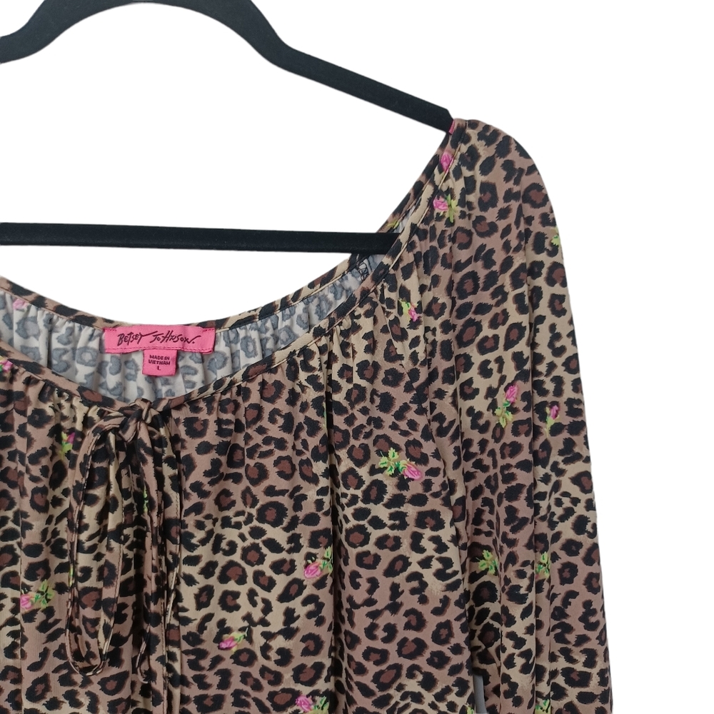 BETSEY JOHNSON Leopard Animal Print Floral Print Peasant Long Sleeve Top Large - Picture 3 of 7